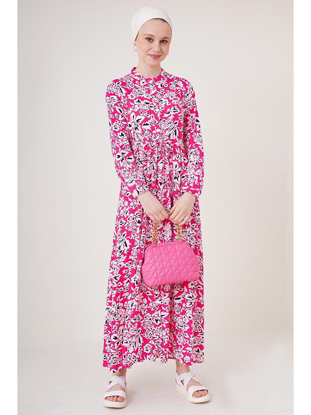 2144 Hakim Yaka Tesettür Elbise - Fuşya