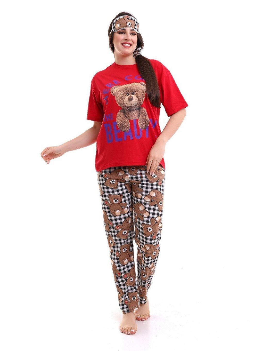 Kırmızı Uyku Bantlı Ayıcık Baskılı Salaş Kadın Kısa Kol Pijama Takımı-1