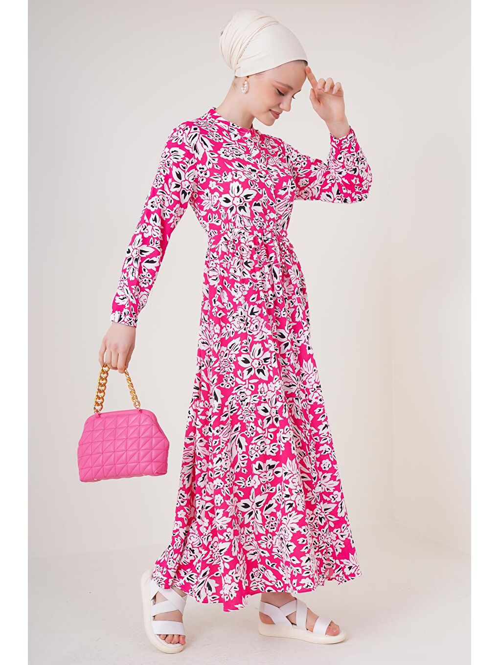 2144 Hakim Yaka Tesettür Elbise - Fuşya-1