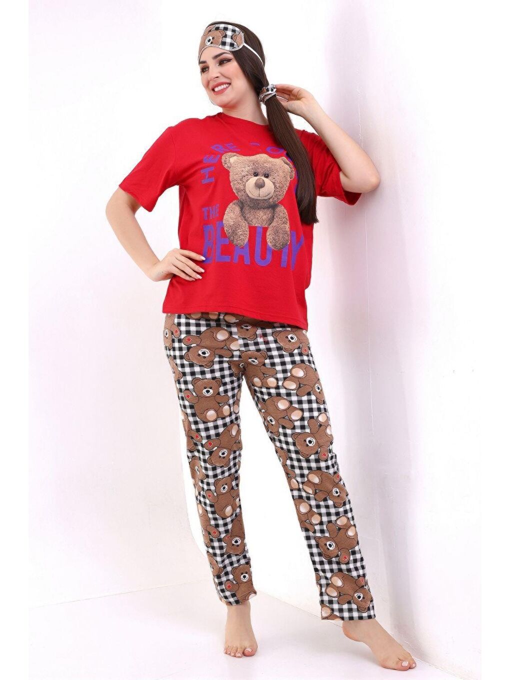 Kırmızı Uyku Bantlı Ayıcık Baskılı Salaş Kadın Kısa Kol Pijama Takımı-2