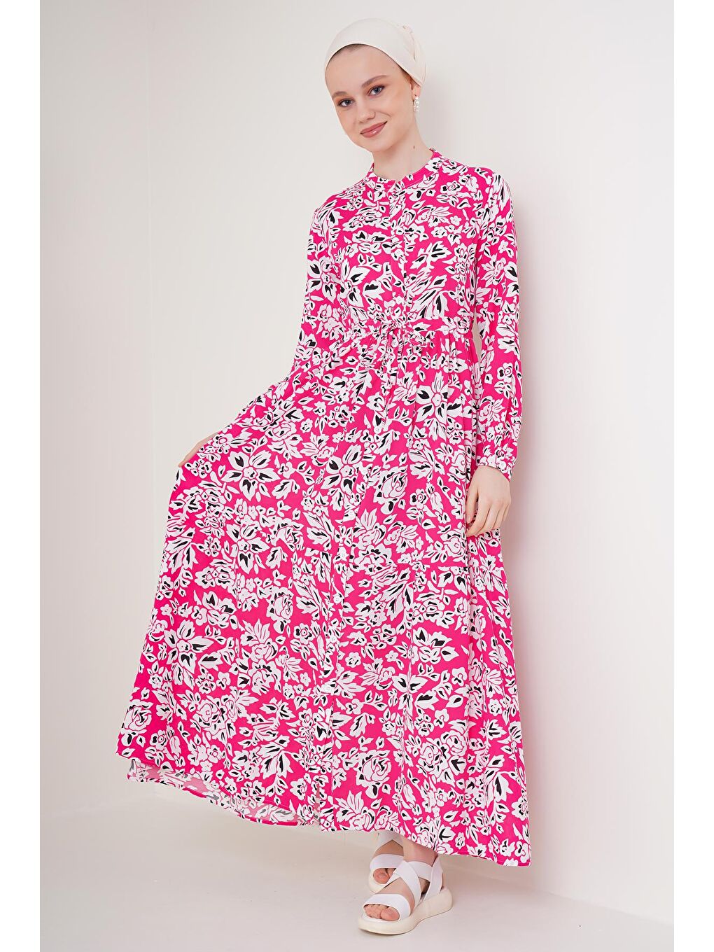 2144 Hakim Yaka Tesettür Elbise - Fuşya-2