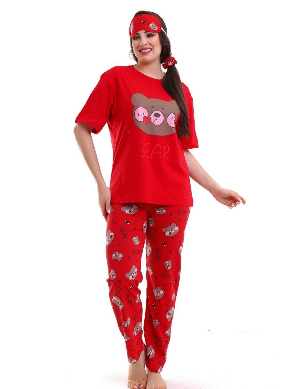 Kırmızı Uyku Bantlı Bear Baskılı Salaş Kadın Kısa Kol Pijama Takımı-1