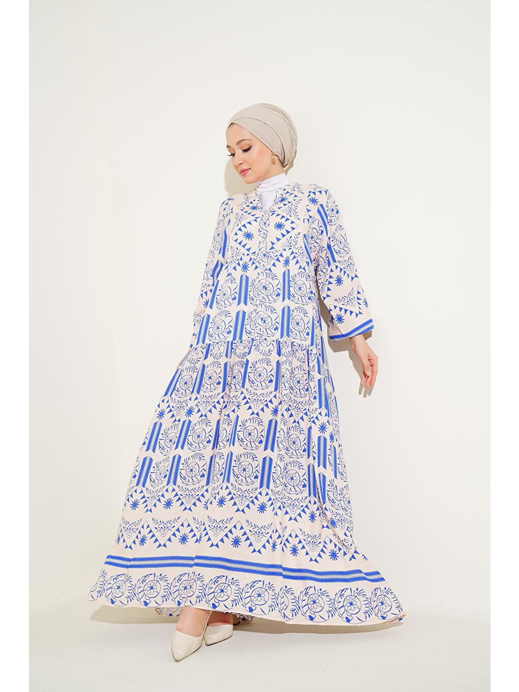Ekru 2423 Otantik Desenli Elbise - Krem