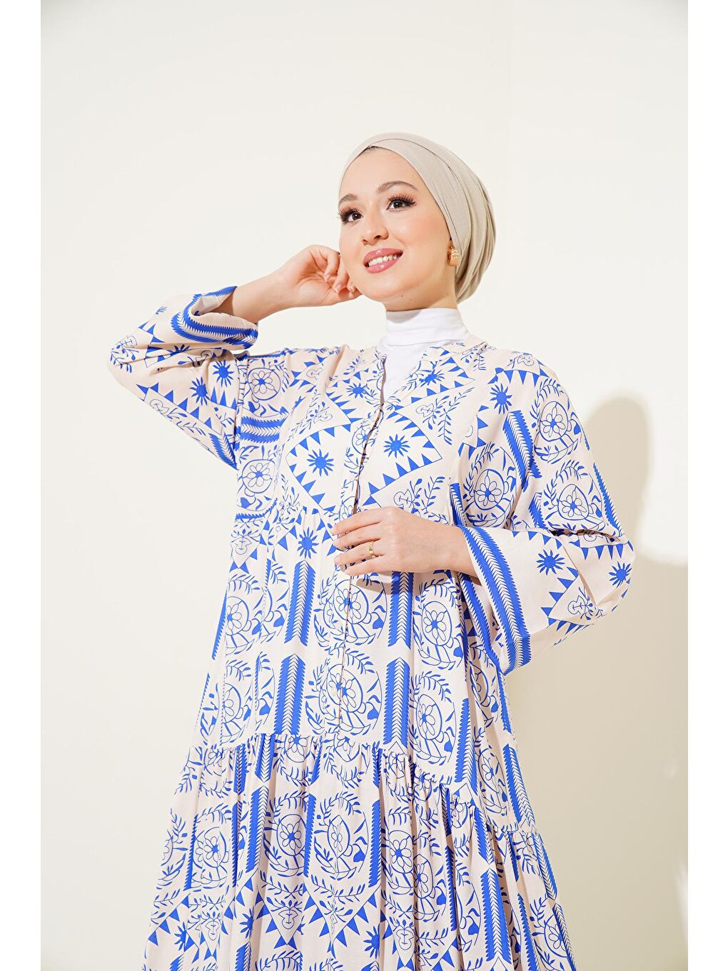 Ekru 2423 Otantik Desenli Elbise - Krem-1