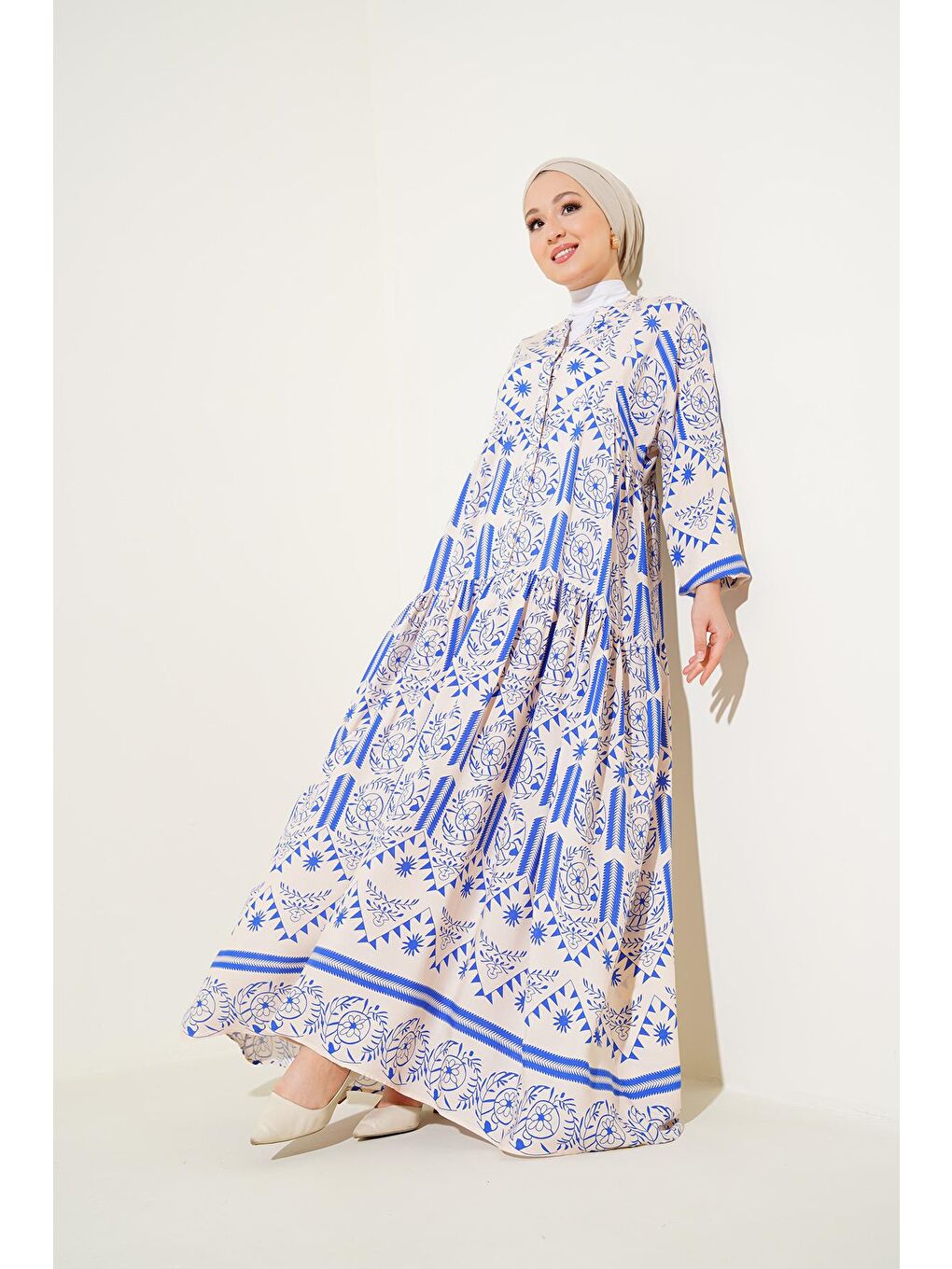Ekru 2423 Otantik Desenli Elbise - Krem-3