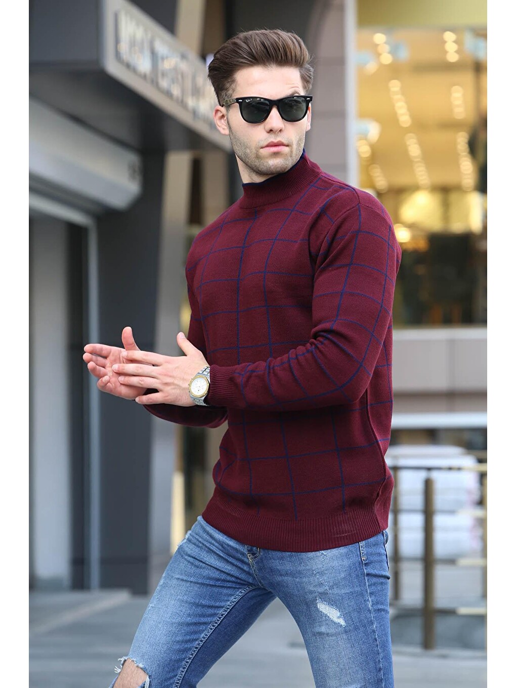 Bordo Ekose Desenli Triko Kazak 5796