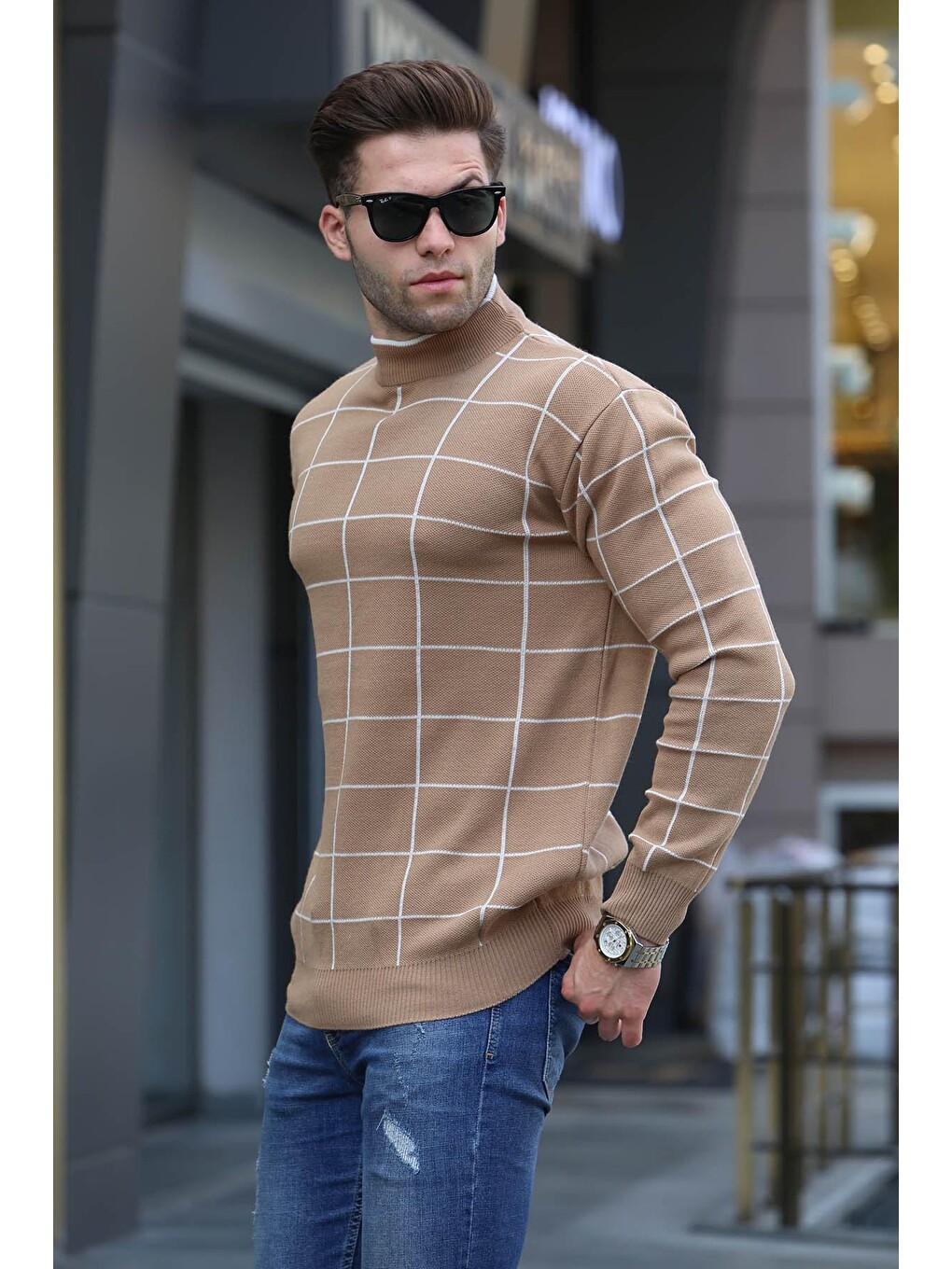 Bej Ekose Desenli Triko Kazak 5796