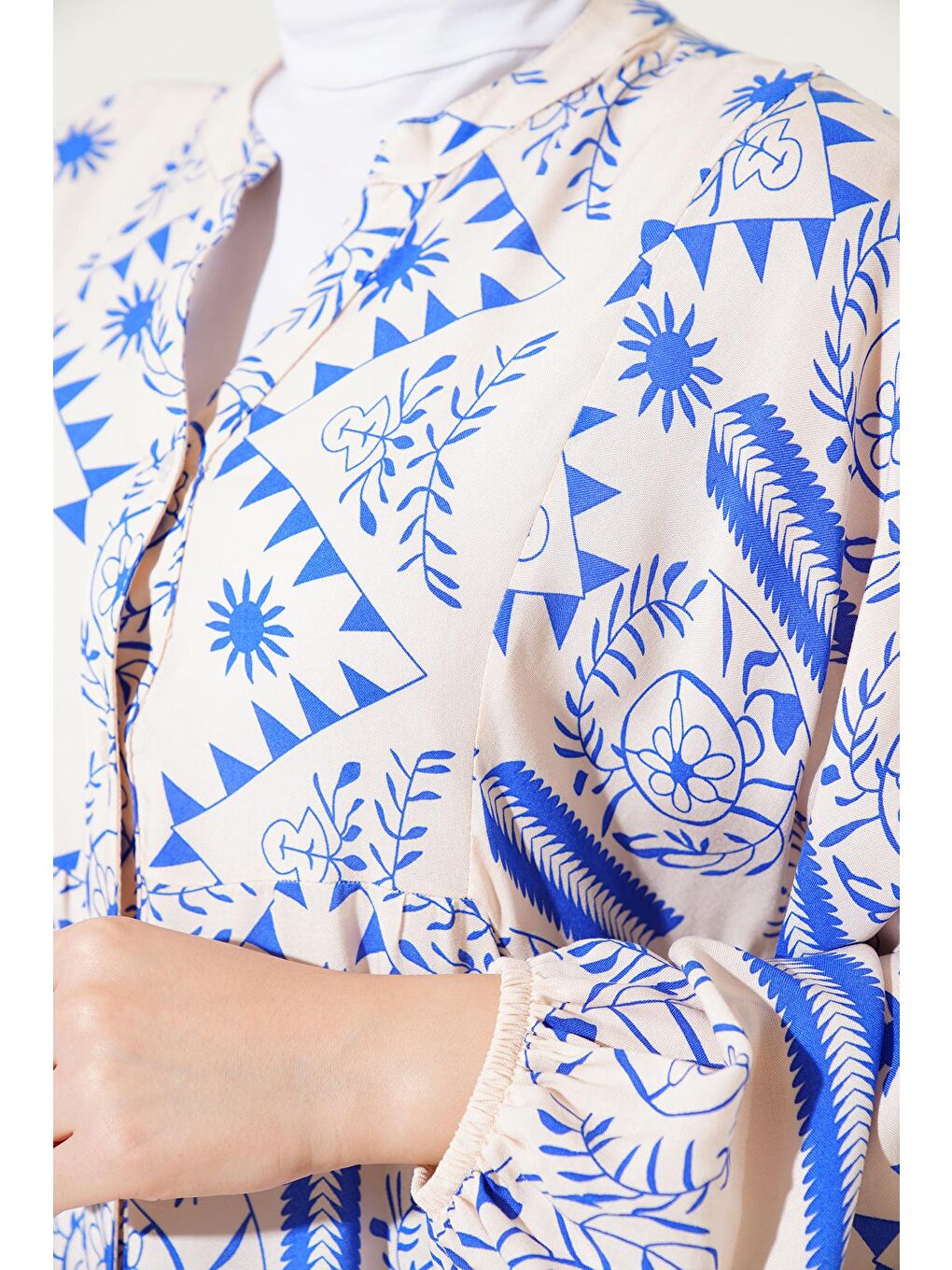 Ekru 2423 Otantik Desenli Elbise - Krem-4