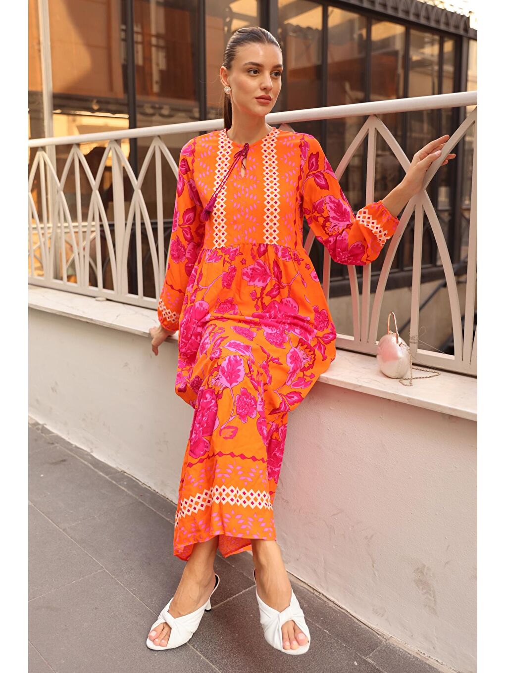 2439 Desenli Uzun Elbise - Turuncu