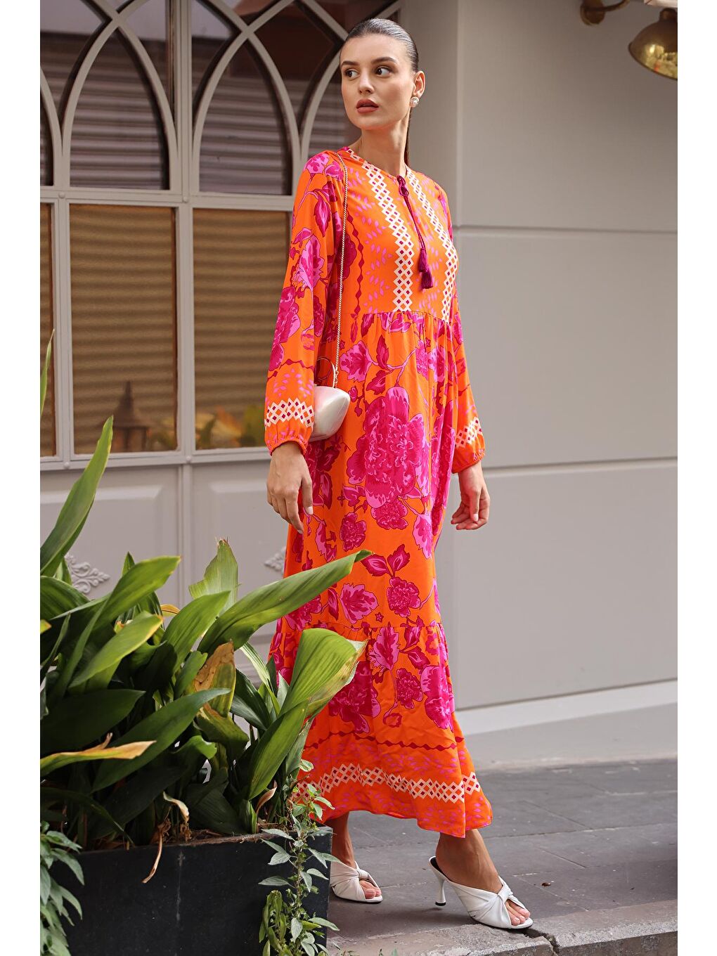 2439 Desenli Uzun Elbise - Turuncu-1