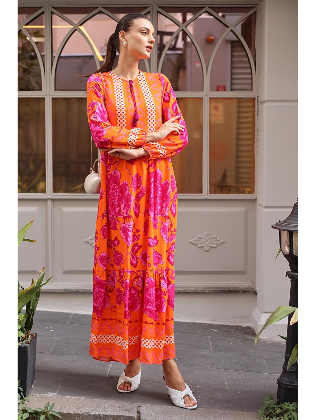 2439 Desenli Uzun Elbise - Turuncu-2