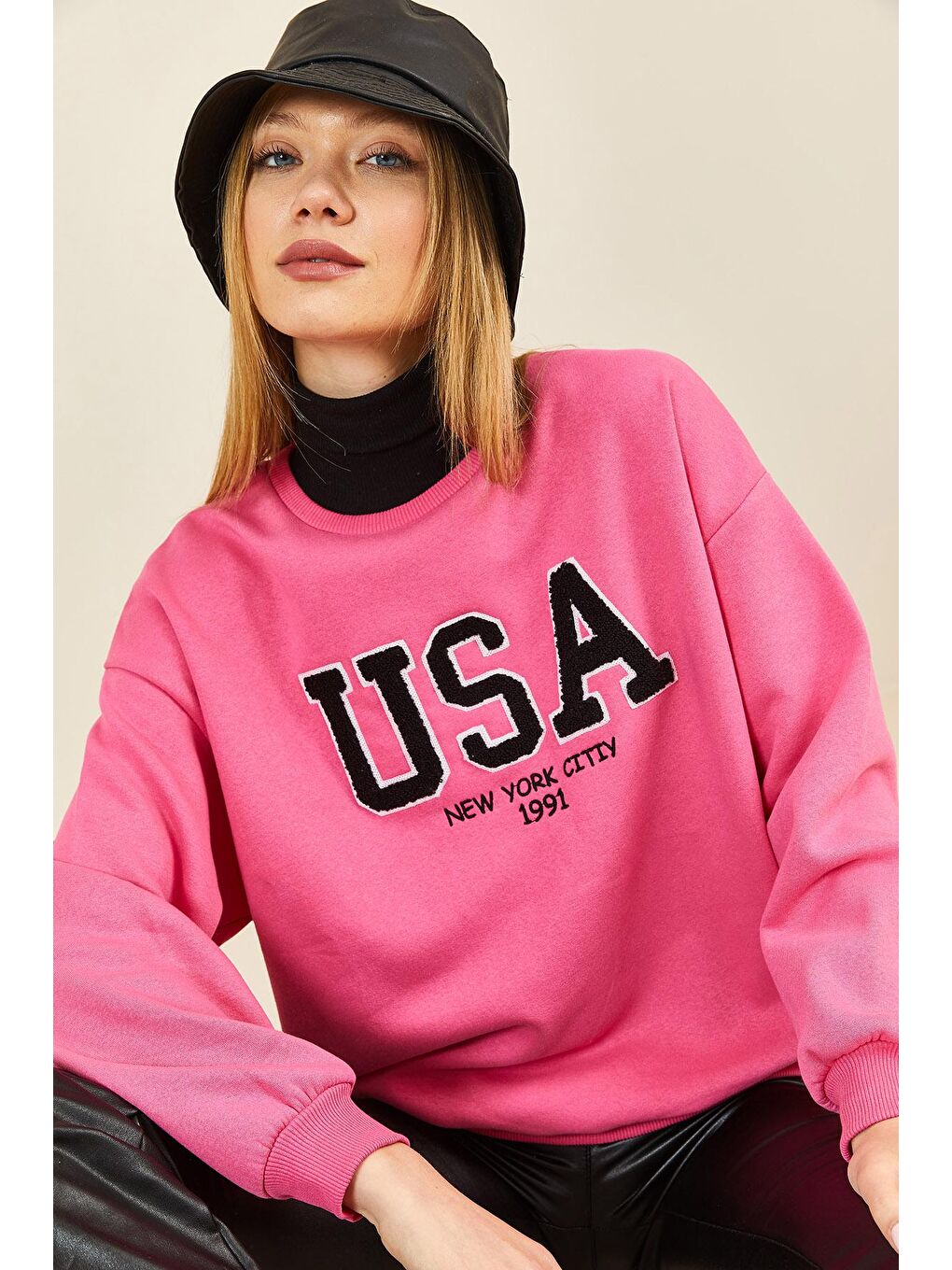 Fuşya Puch Baskılı Bisiklet Yaka Sweatshirt 3KXK8-46640-07