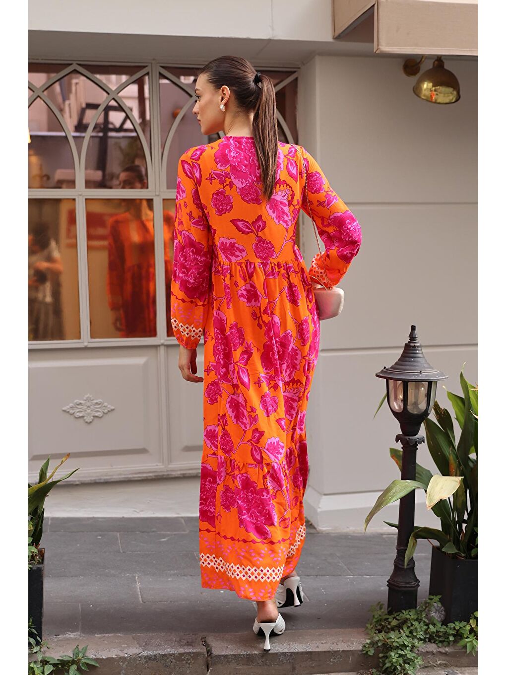 2439 Desenli Uzun Elbise - Turuncu-3