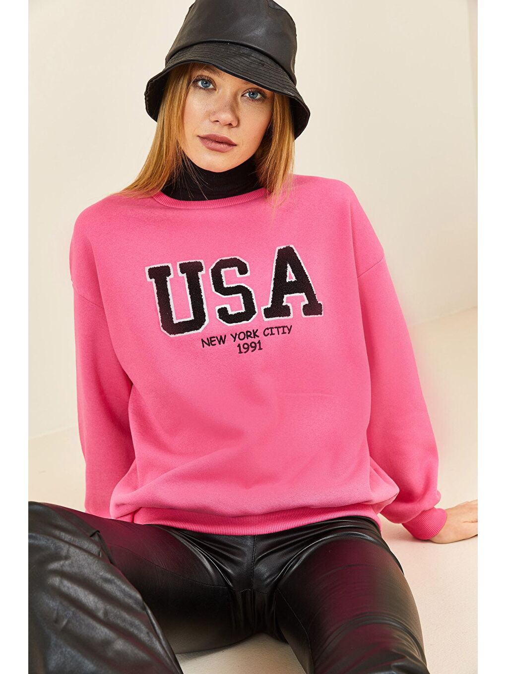 Fuşya Puch Baskılı Bisiklet Yaka Sweatshirt 3KXK8-46640-07-1