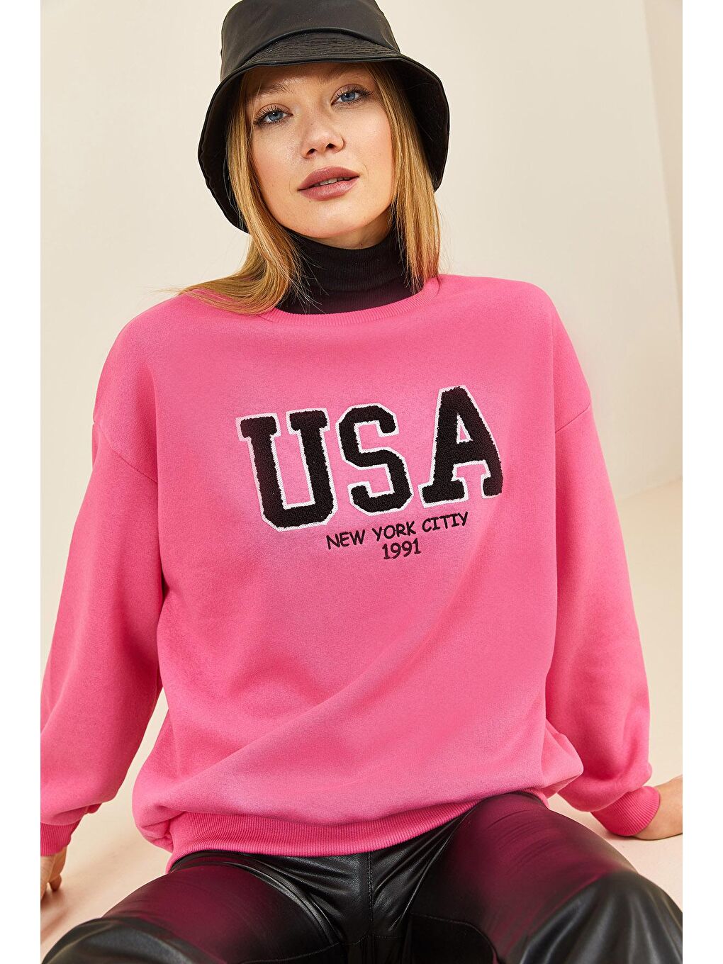 Fuşya Puch Baskılı Bisiklet Yaka Sweatshirt 3KXK8-46640-07-2