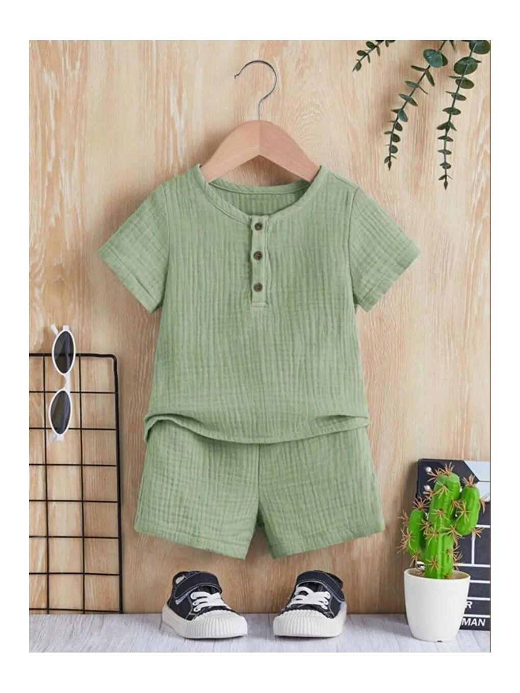 Yeşil Unisex Alt Üst Bebek Çocuk Pamuklu Düğmeli Organik Müslin Takım