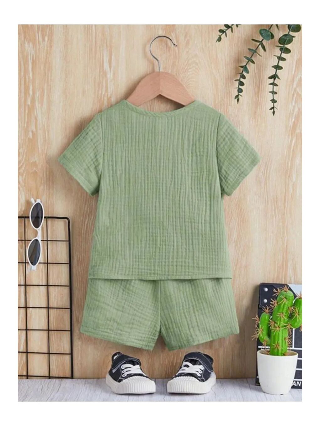 Yeşil Unisex Alt Üst Bebek Çocuk Pamuklu Düğmeli Organik Müslin Takım-1