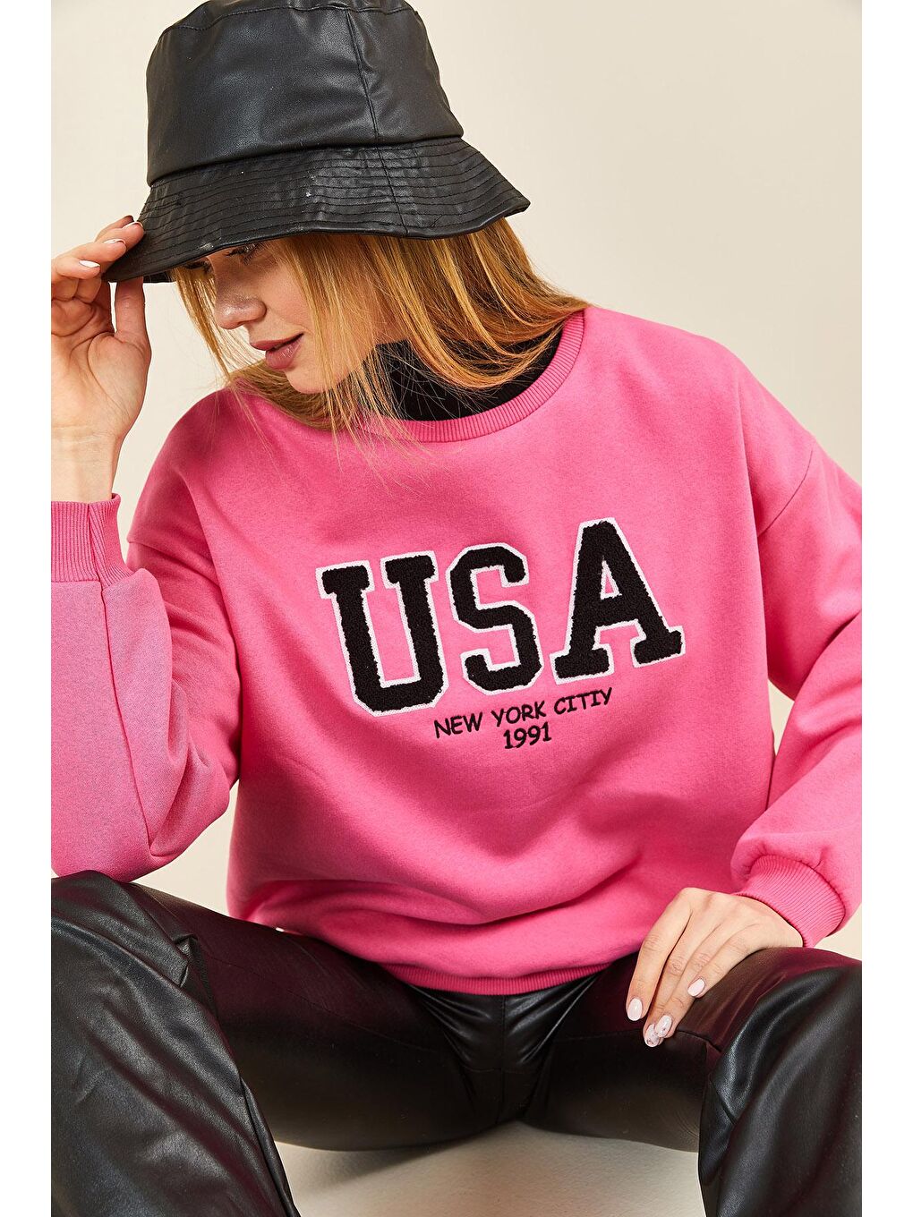 Fuşya Puch Baskılı Bisiklet Yaka Sweatshirt 3KXK8-46640-07-3