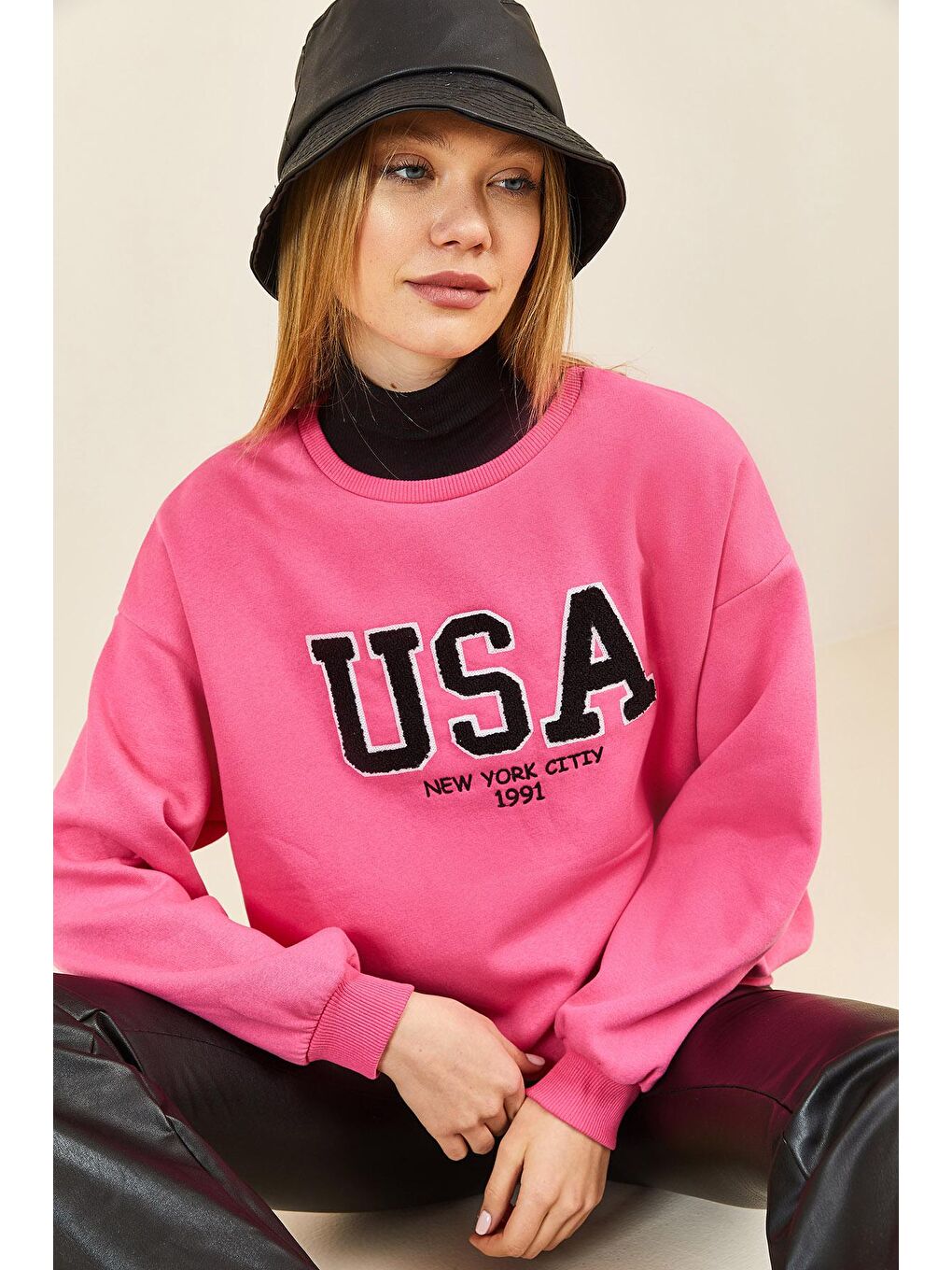 Fuşya Puch Baskılı Bisiklet Yaka Sweatshirt 3KXK8-46640-07-4