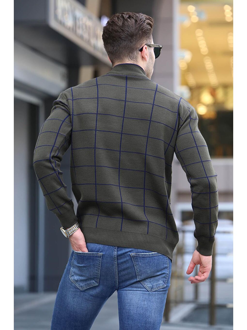 Haki Ekose Desenli Triko Kazak 5796-1