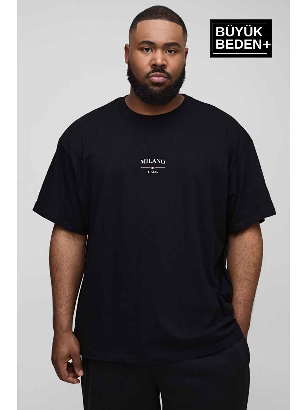 Siyah Erkek  Milano İtalia Baskılı Bisiklet Yaka Büyük Beden Tişört SPR25BTS907
