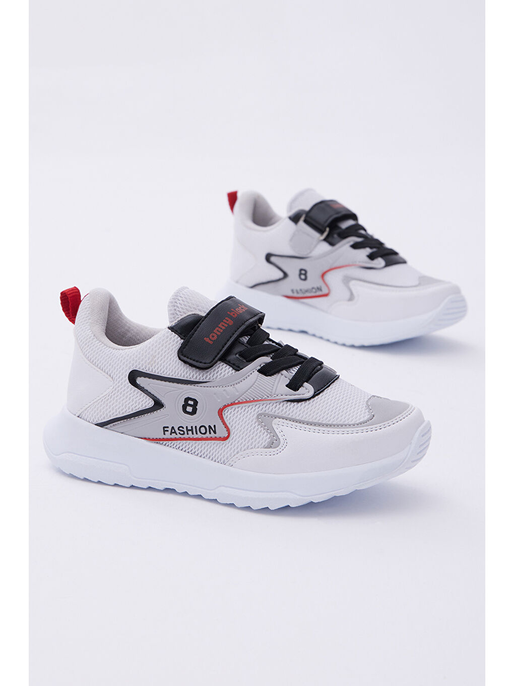 Çocuk Unisex Beyaz Siyah Rahat Kalıp Lastik Bağcıklı Cırtlı Spor Ayakkabı