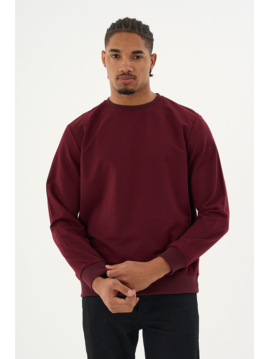 Bordo Erkek Gri Bisiklet Yaka Ribanalı Regular Fit Sweatshirt spr26swk930