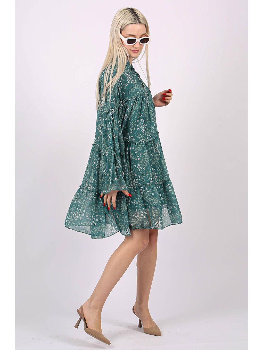 Yeşil Çiçek Desenli Diz Üstü Şifon Elbise MG1671-3