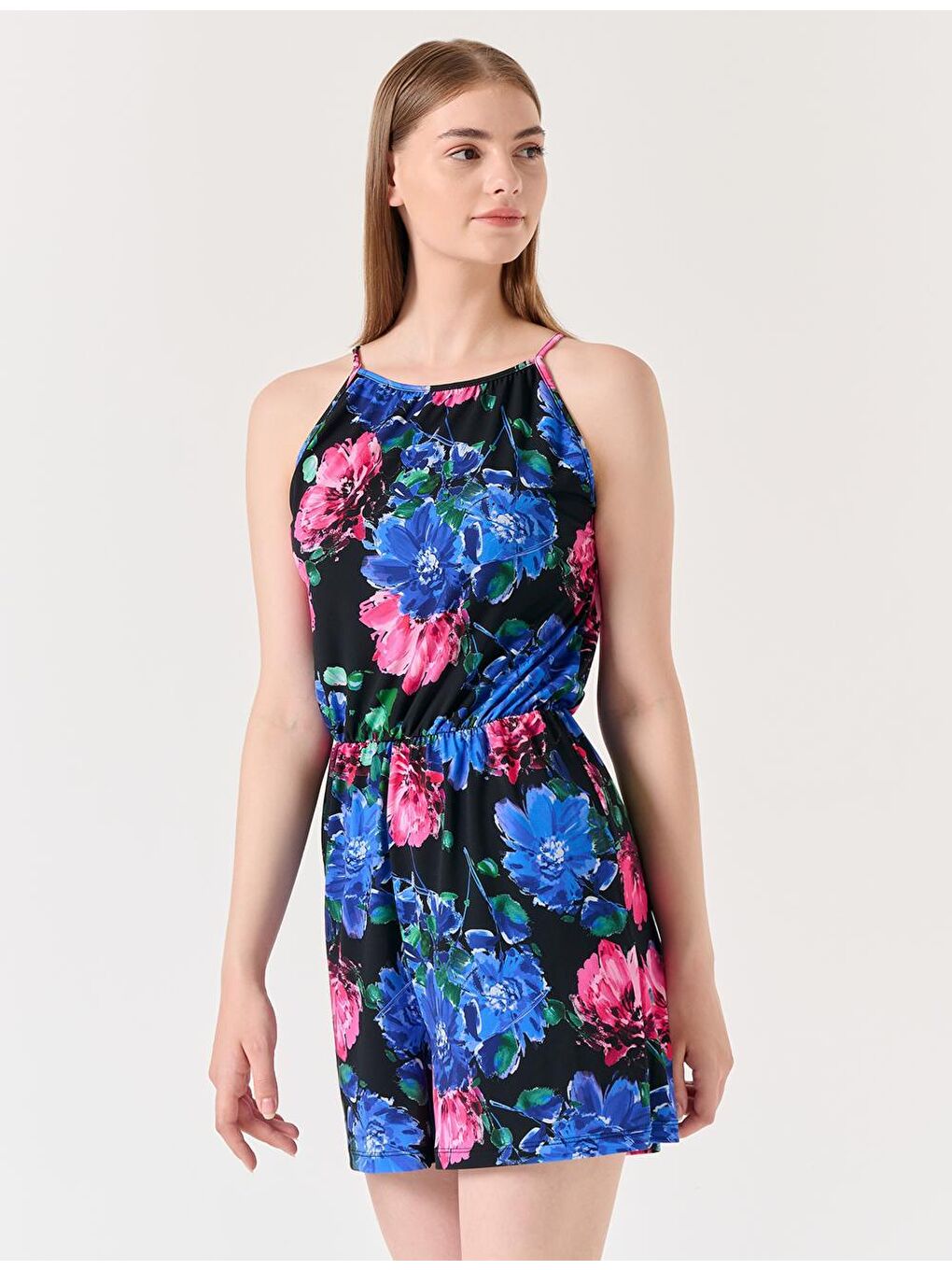 Siyah Halter Yaka Çiçek Desenli Tulum-2