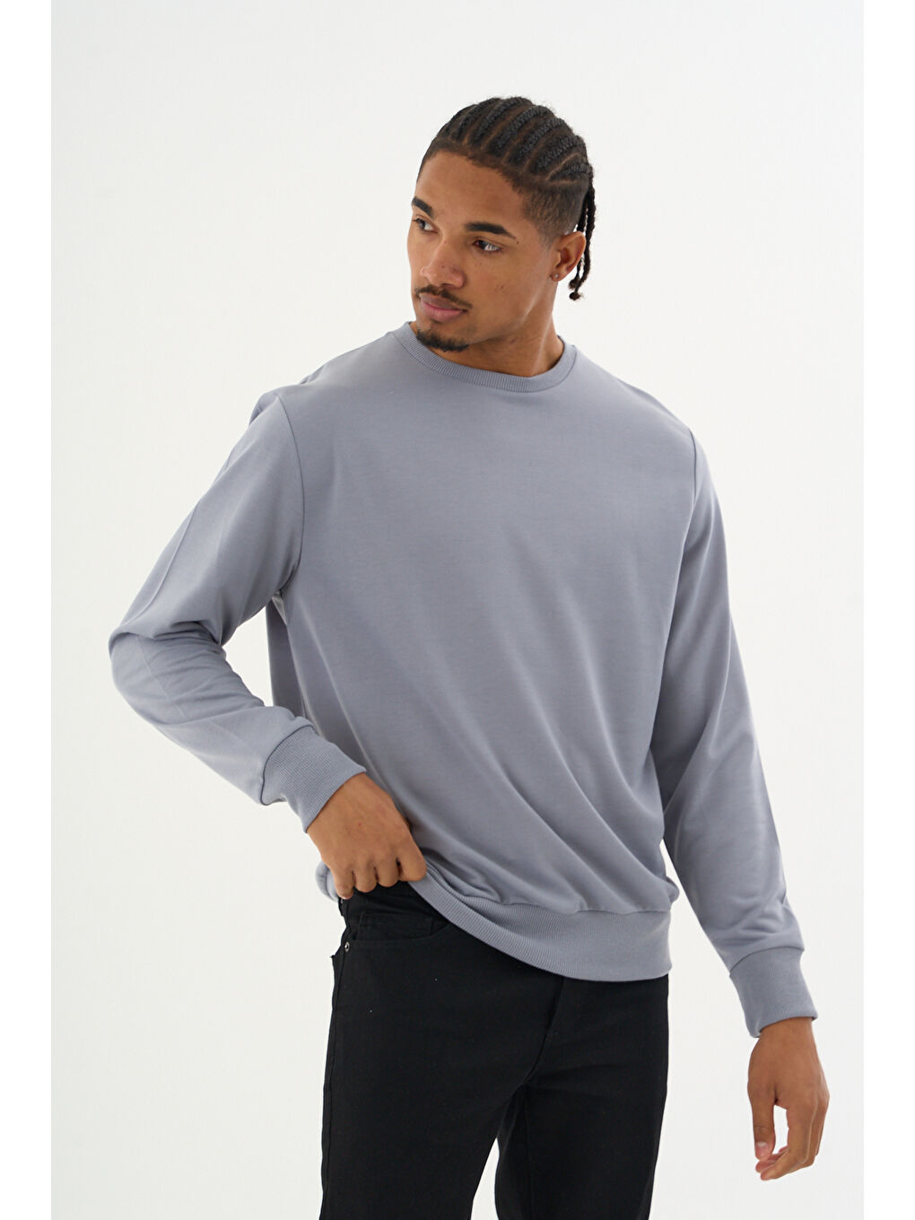 Erkek Gri Bisiklet Yaka Ribanalı Regular Fit Sweatshirt spr26swk930-1