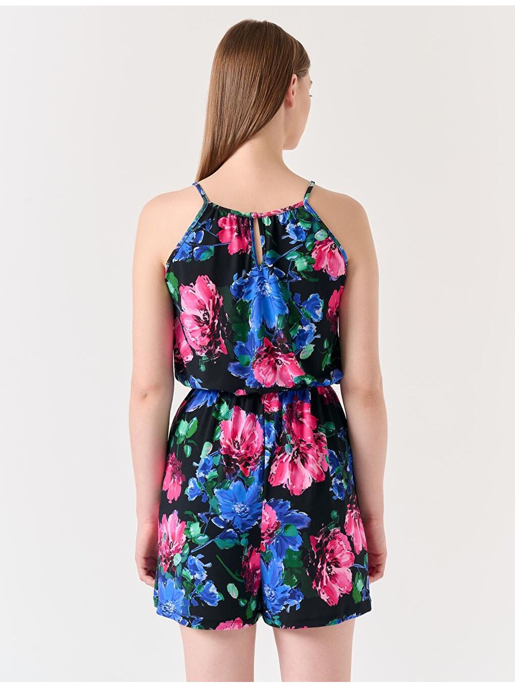 Siyah Halter Yaka Çiçek Desenli Tulum-4