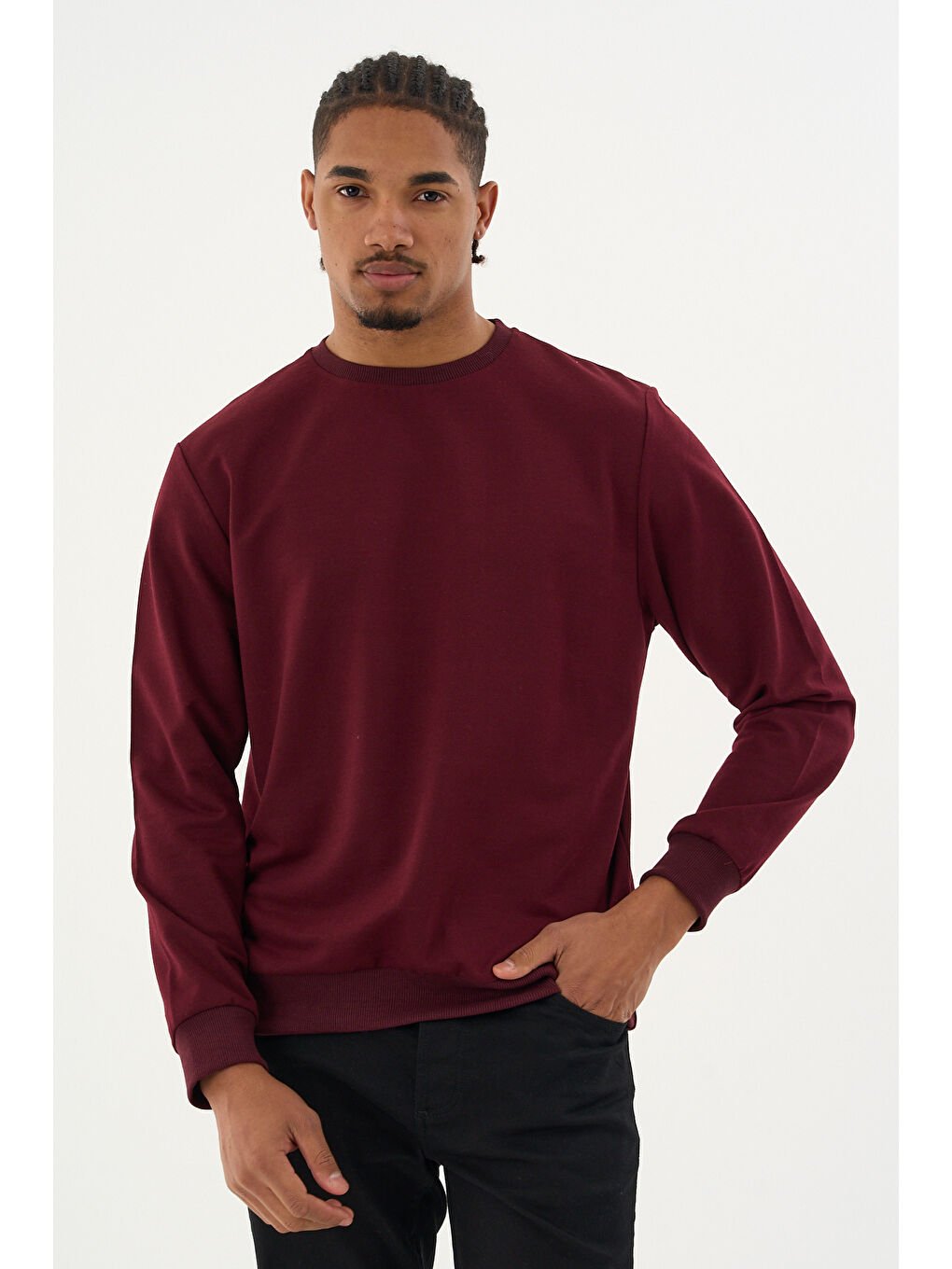 Bordo Erkek Gri Bisiklet Yaka Ribanalı Regular Fit Sweatshirt spr26swk930-1