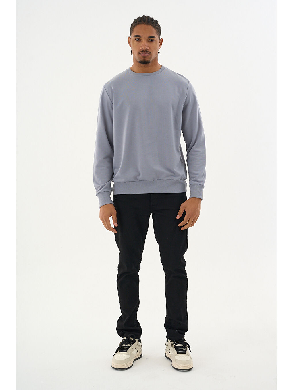 Erkek Gri Bisiklet Yaka Ribanalı Regular Fit Sweatshirt spr26swk930-2