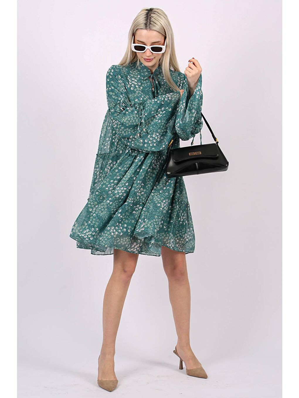 Yeşil Çiçek Desenli Diz Üstü Şifon Elbise MG1671-2