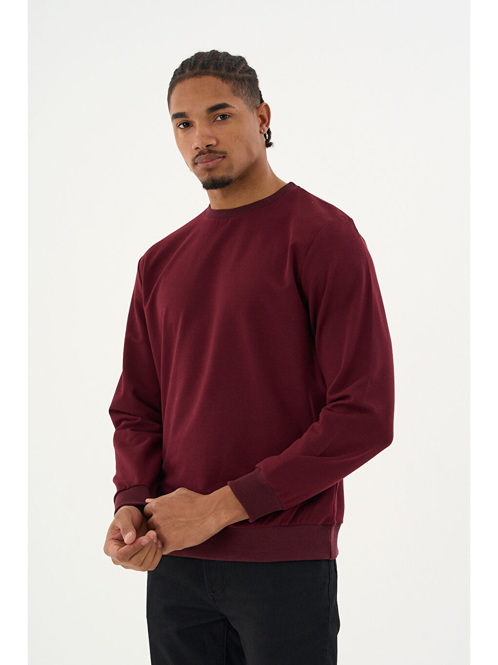 Bordo Erkek Gri Bisiklet Yaka Ribanalı Regular Fit Sweatshirt spr26swk930-2