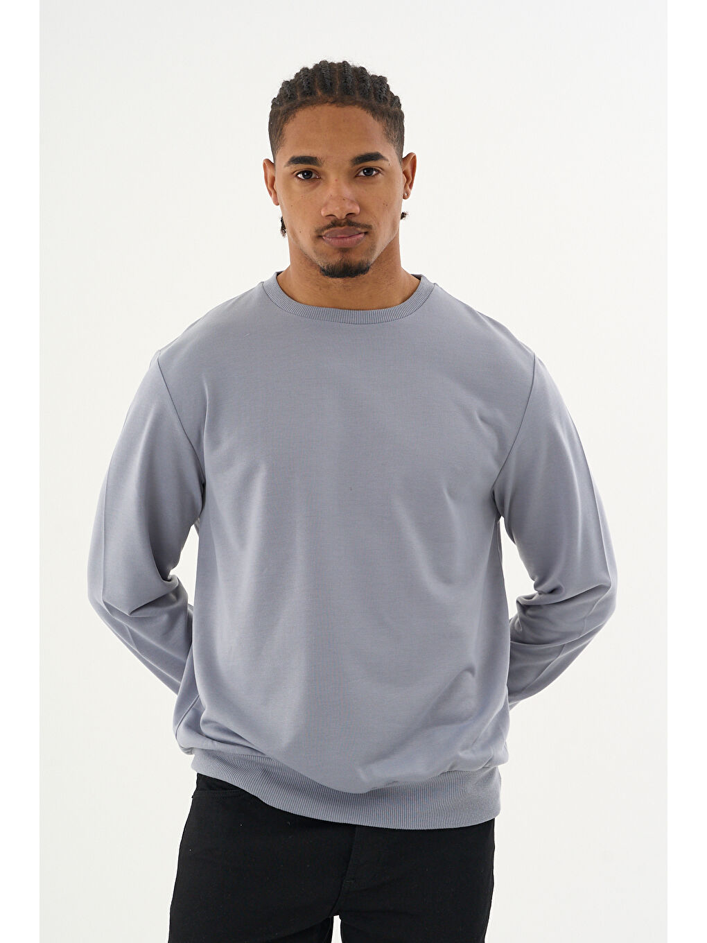Erkek Gri Bisiklet Yaka Ribanalı Regular Fit Sweatshirt spr26swk930-3