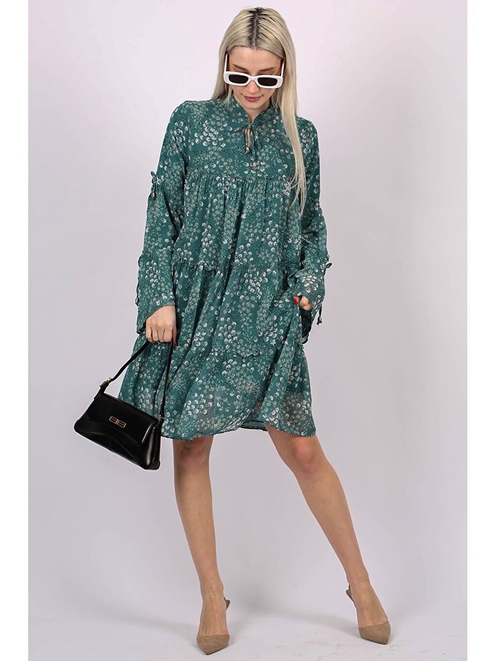 Yeşil Çiçek Desenli Diz Üstü Şifon Elbise MG1671-1