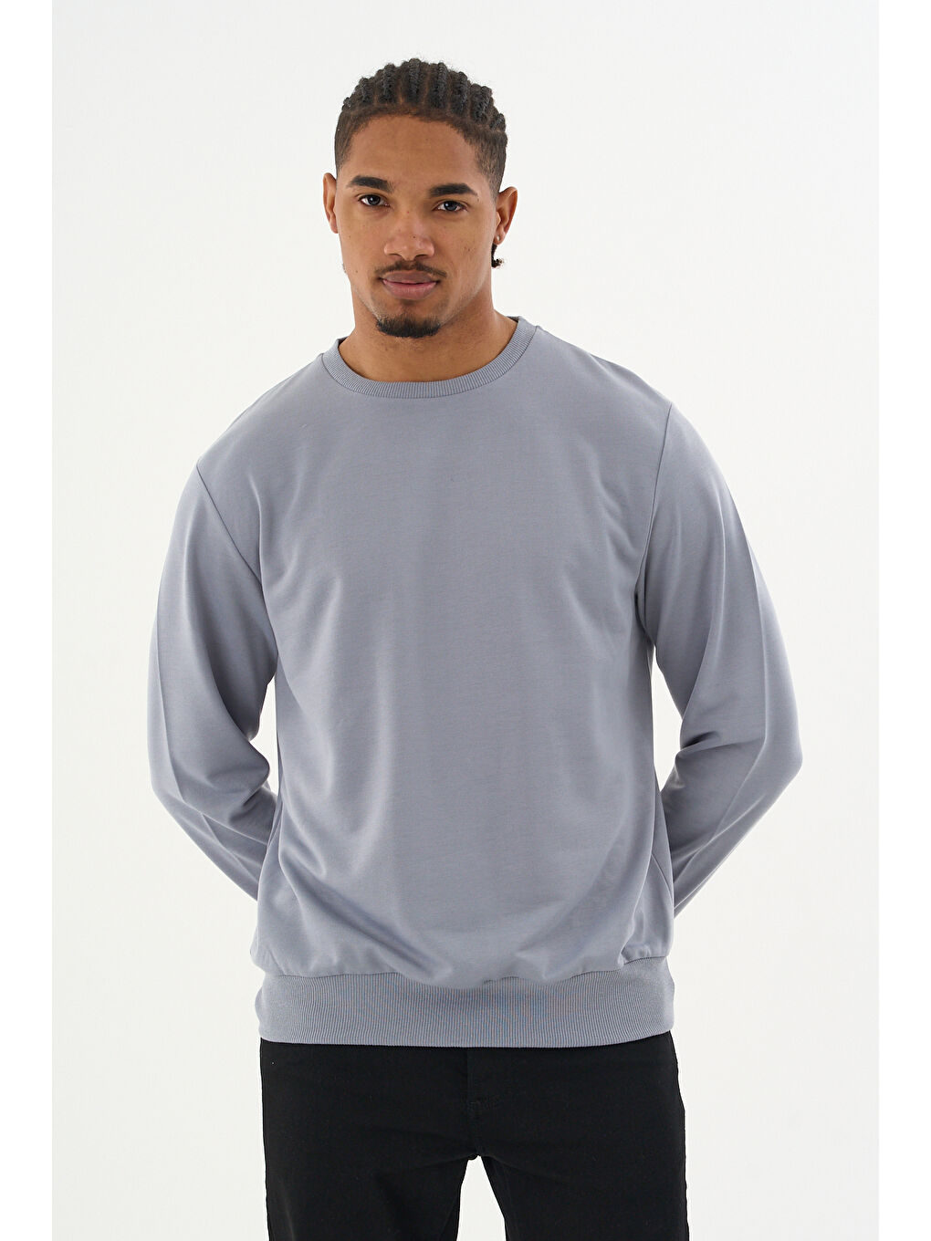 Erkek Gri Bisiklet Yaka Ribanalı Regular Fit Sweatshirt spr26swk930-4