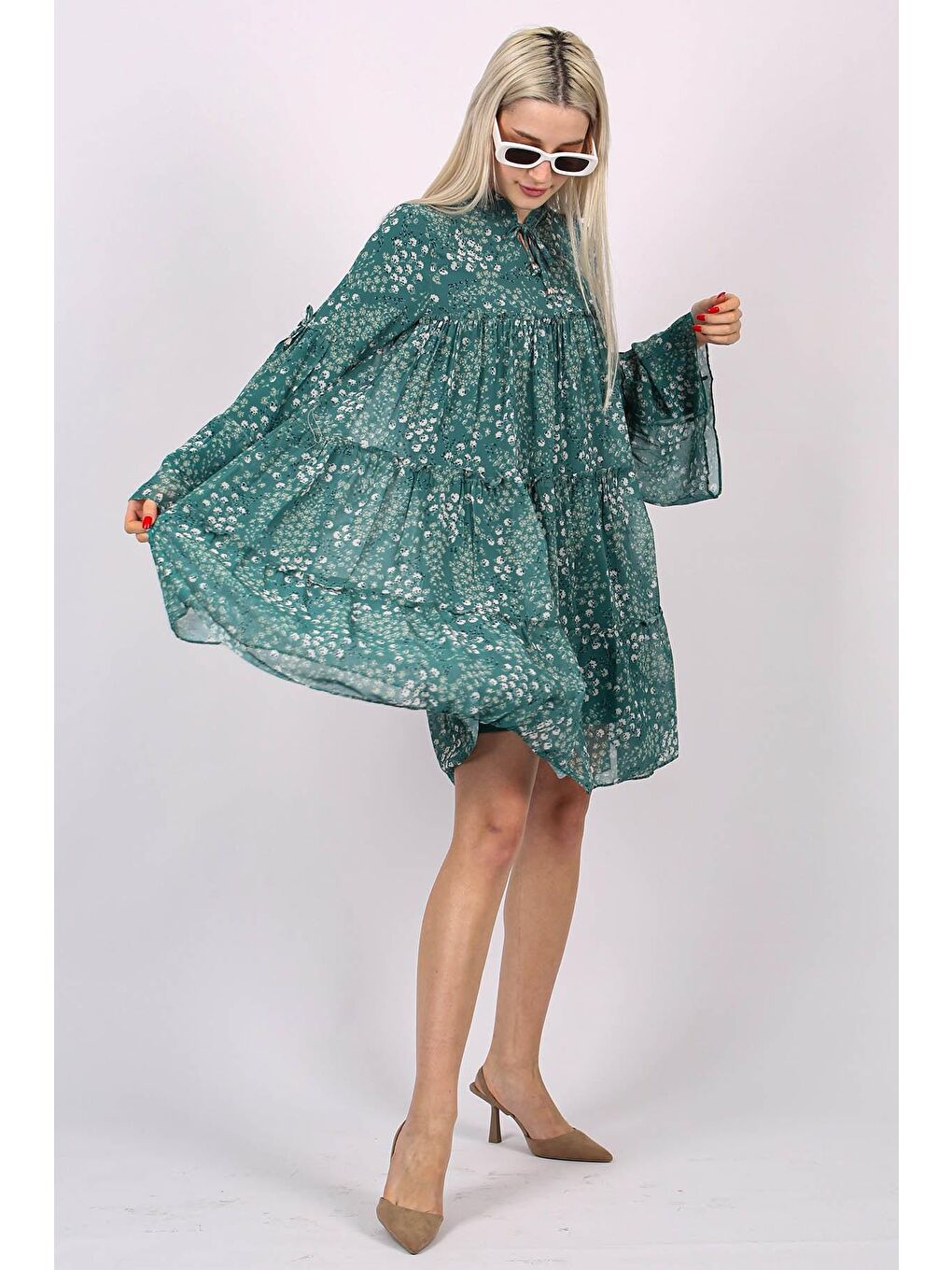 Yeşil Çiçek Desenli Diz Üstü Şifon Elbise MG1671