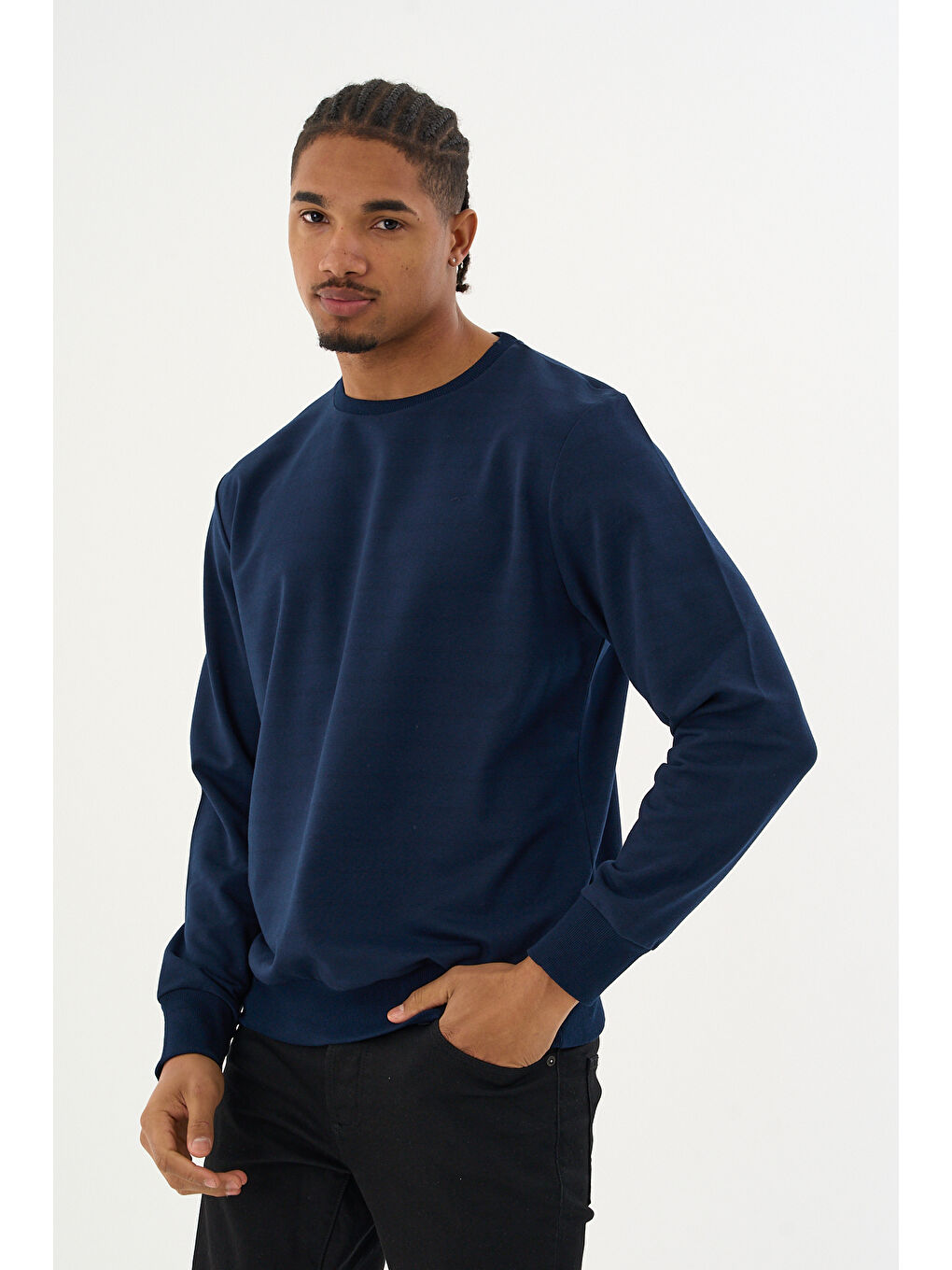 Lacivert Erkek Gri Bisiklet Yaka Ribanalı Regular Fit Sweatshirt spr26swk930-1