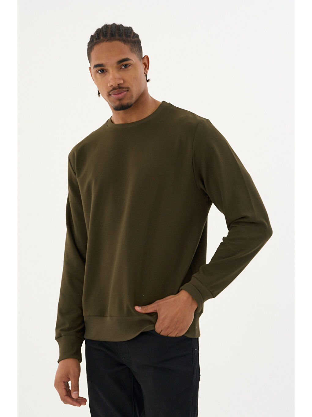 Haki Erkek Gri Bisiklet Yaka Ribanalı Regular Fit Sweatshirt spr26swk930