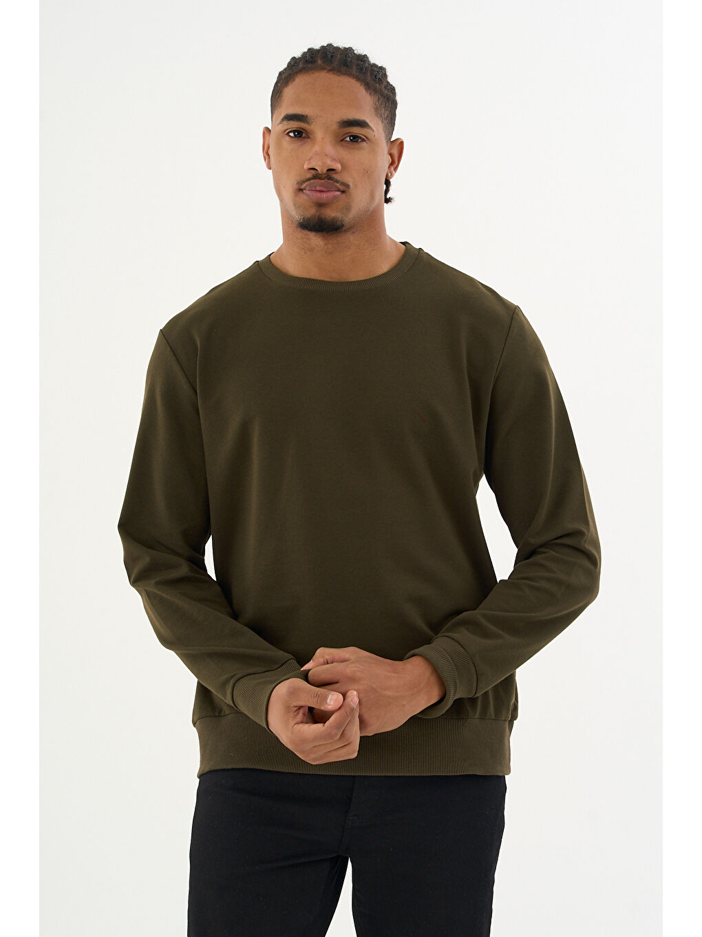 Haki Erkek Gri Bisiklet Yaka Ribanalı Regular Fit Sweatshirt spr26swk930-2