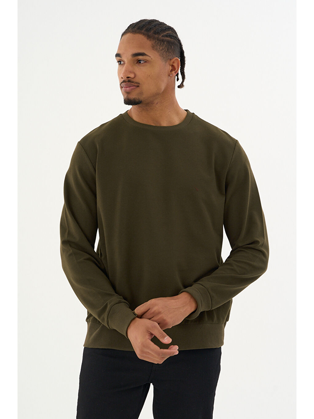 Haki Erkek Gri Bisiklet Yaka Ribanalı Regular Fit Sweatshirt spr26swk930-3