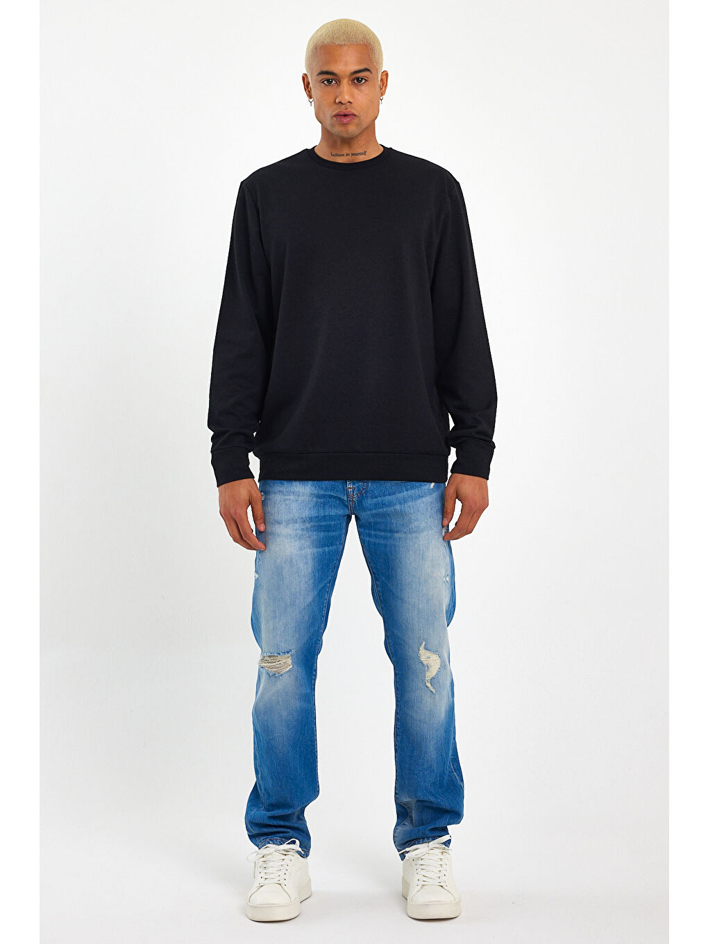 Siyah Erkek Gri Bisiklet Yaka Ribanalı Regular Fit Sweatshirt spr26swk930