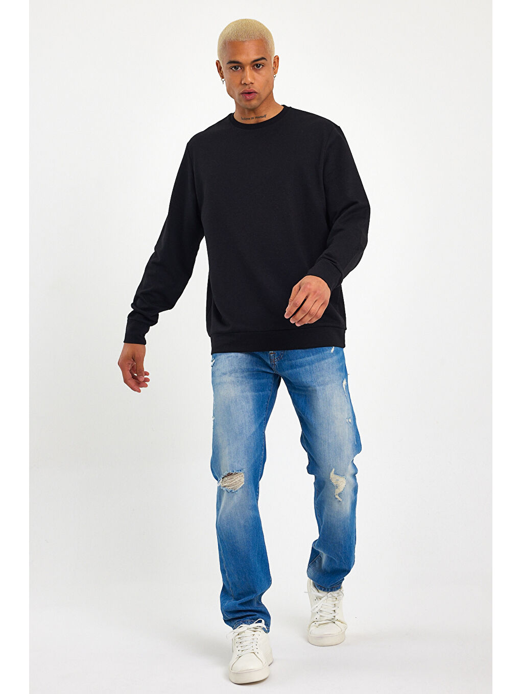 Siyah Erkek Gri Bisiklet Yaka Ribanalı Regular Fit Sweatshirt spr26swk930-1