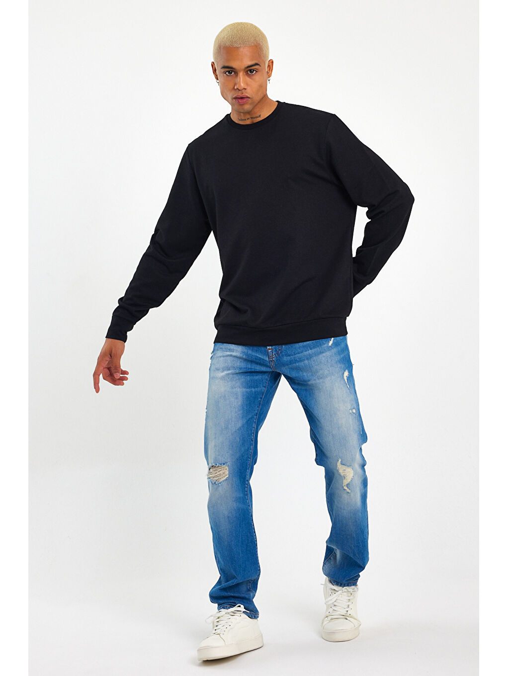 Siyah Erkek Gri Bisiklet Yaka Ribanalı Regular Fit Sweatshirt spr26swk930-3