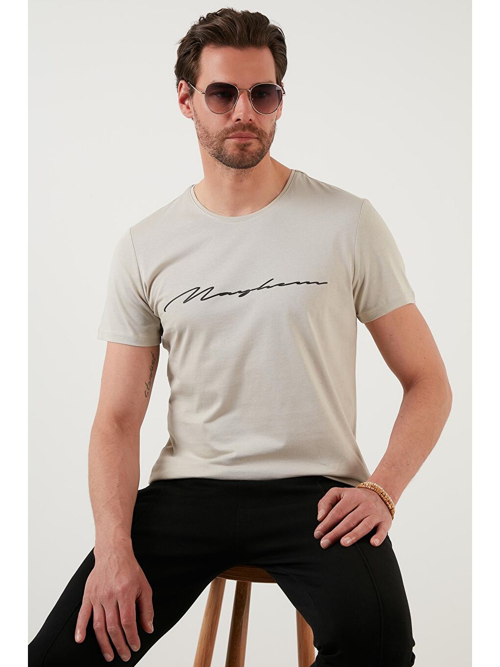 Bej Baskılı Slim Fit Bisiklet Yaka % 100 Pamuk T Shirt 5902420