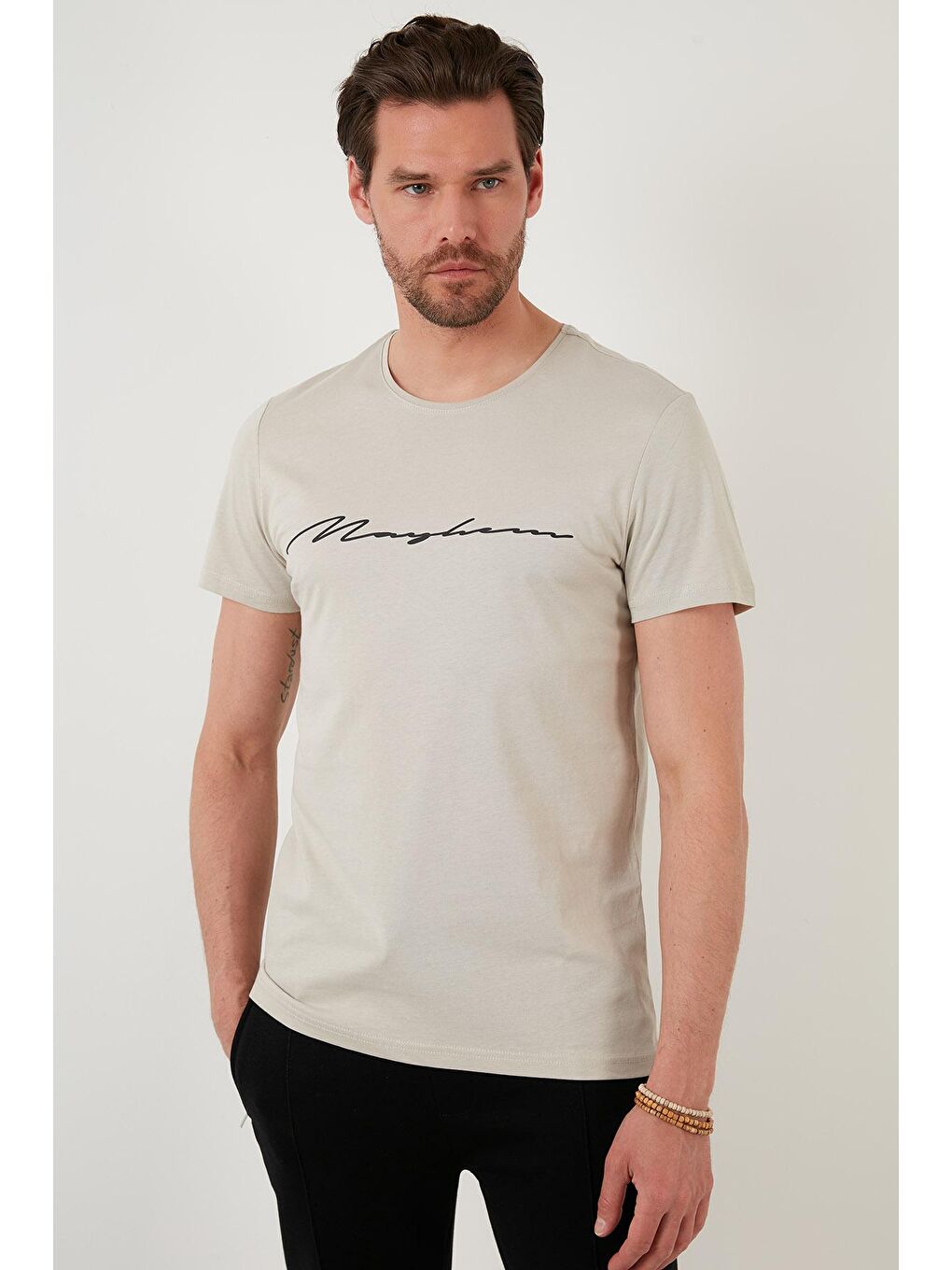 Bej Baskılı Slim Fit Bisiklet Yaka % 100 Pamuk T Shirt 5902420-1