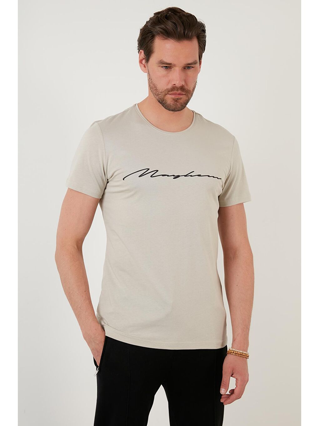 Bej Baskılı Slim Fit Bisiklet Yaka % 100 Pamuk T Shirt 5902420-2