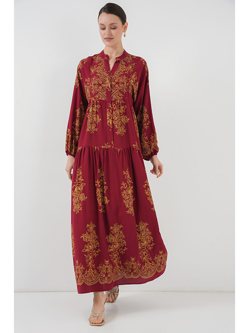 Kırmızı Bordo Gold Desenli Tesettür Elbise 2423-3